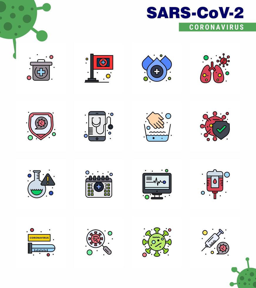 Paquete de iconos de corona de virus viral de línea llena de 16 colores planos, como virus de salud, enfermedad de seguridad del agua, coronavirus viral 2019nov, elementos de diseño de vectores de enfermedad