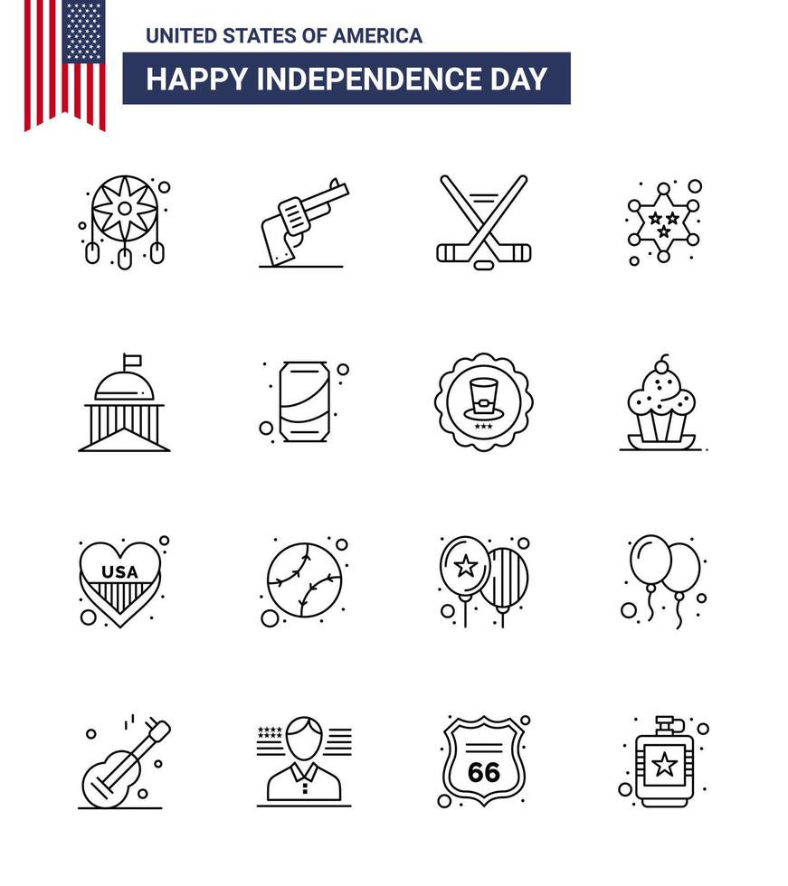 Stock Vector Icon Pack of American Day 16 Line Signs and Symbols for flag star hokey police badge Editable USA Day Vector Design Elements