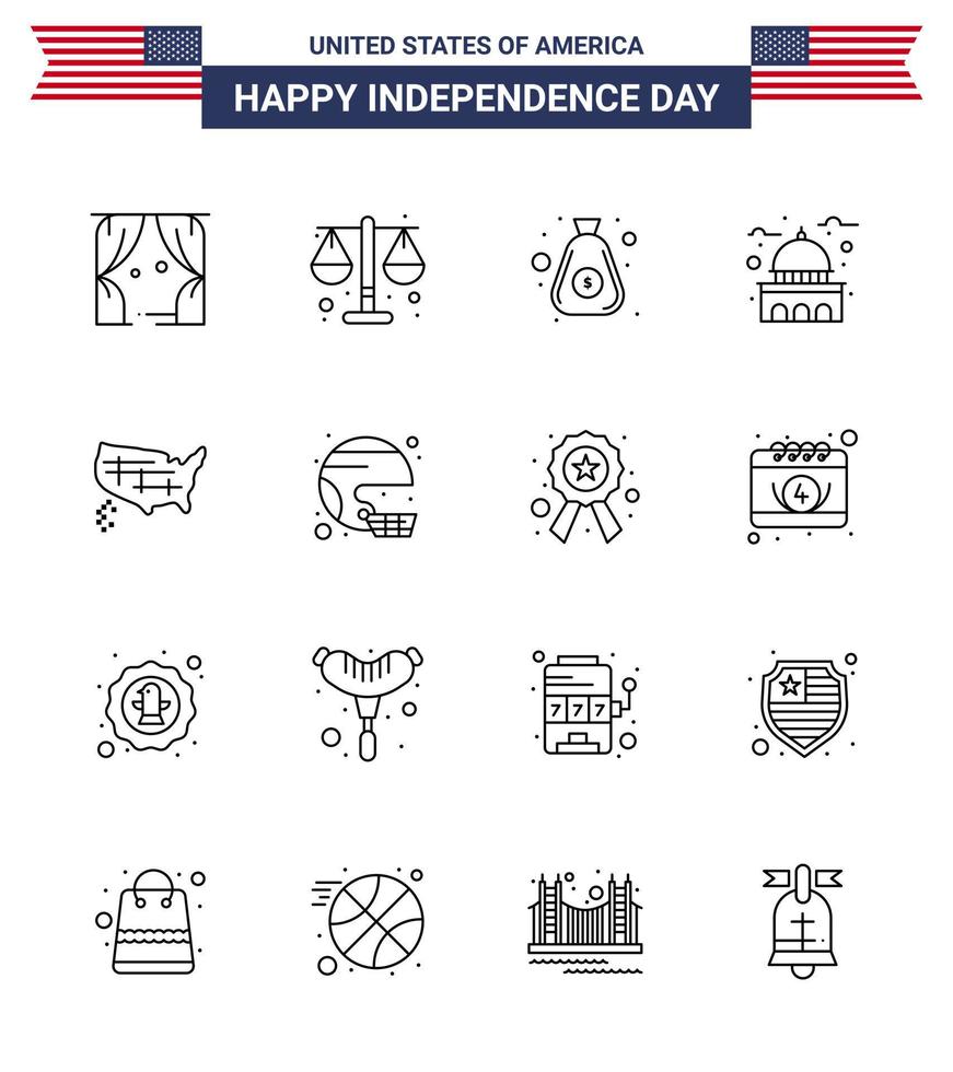 ee.uu. feliz día de la independencia conjunto de pictogramas de 16 líneas simples de mapa edificio emblemático del dólar de ee.uu. editable elementos de diseño vectorial del día de ee.uu. vector