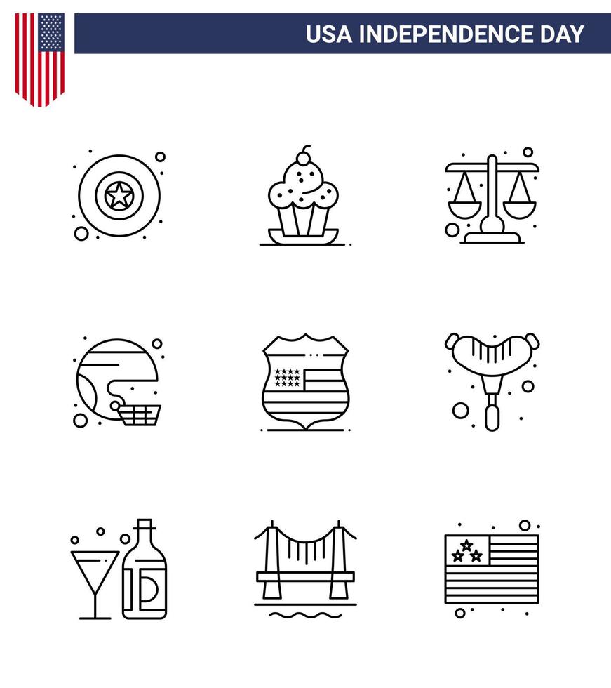 Happy Independence Day USA Pack of 9 Creative Lines of united sport court helmet american Editable USA Day Vector Design Elements