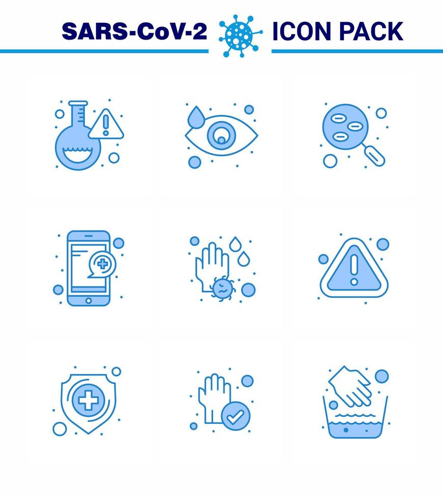 9 paquete de iconos de covid19 de coronavirus azul, como prueba de sangre en línea de pregunta de mano, elementos de diseño de vector de enfermedad de coronavirus viral 2019nov