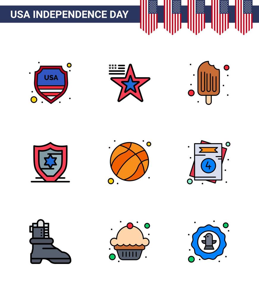 feliz día de la independencia paquete de ee.uu. de 9 líneas planas llenas creativas de fútbol escudo frío americano elementos de diseño vectorial editables del día de ee.uu. vector