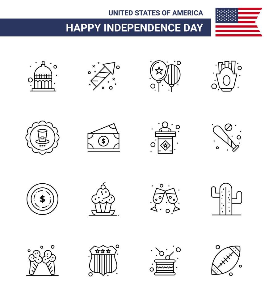 gran paquete de 16 estados unidos feliz día de la independencia líneas vectoriales de estados unidos y símbolos editables de bebida comida globos papas fritas chips editables elementos de diseño de vectores del día de estados unidos