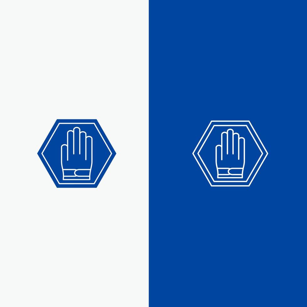 señal de parada de mano línea de advertencia de tráfico y glifo icono sólido línea de bandera azul y glifo icono sólido bandera azul vector