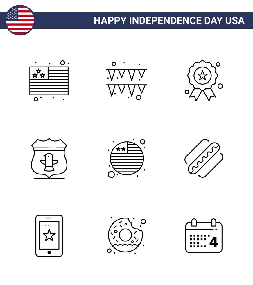 Modern Set of 9 Lines and symbols on USA Independence Day such as america flag independence day country american Editable USA Day Vector Design Elements