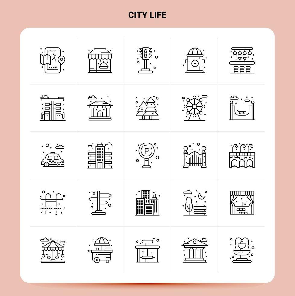 contorno 25 conjunto de iconos de vida de la ciudad diseño de estilo de línea vectorial conjunto de iconos negros conjunto de pictogramas lineales diseño de ideas de negocios web y móvil ilustración vectorial vector