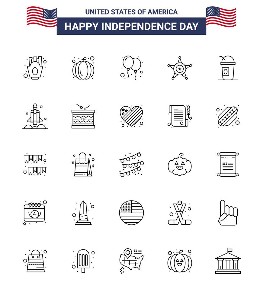 Big Pack of 25 USA Happy Independence Day USA Vector Lines and Editable Symbols of limonade america celebrate usa police Editable USA Day Vector Design Elements