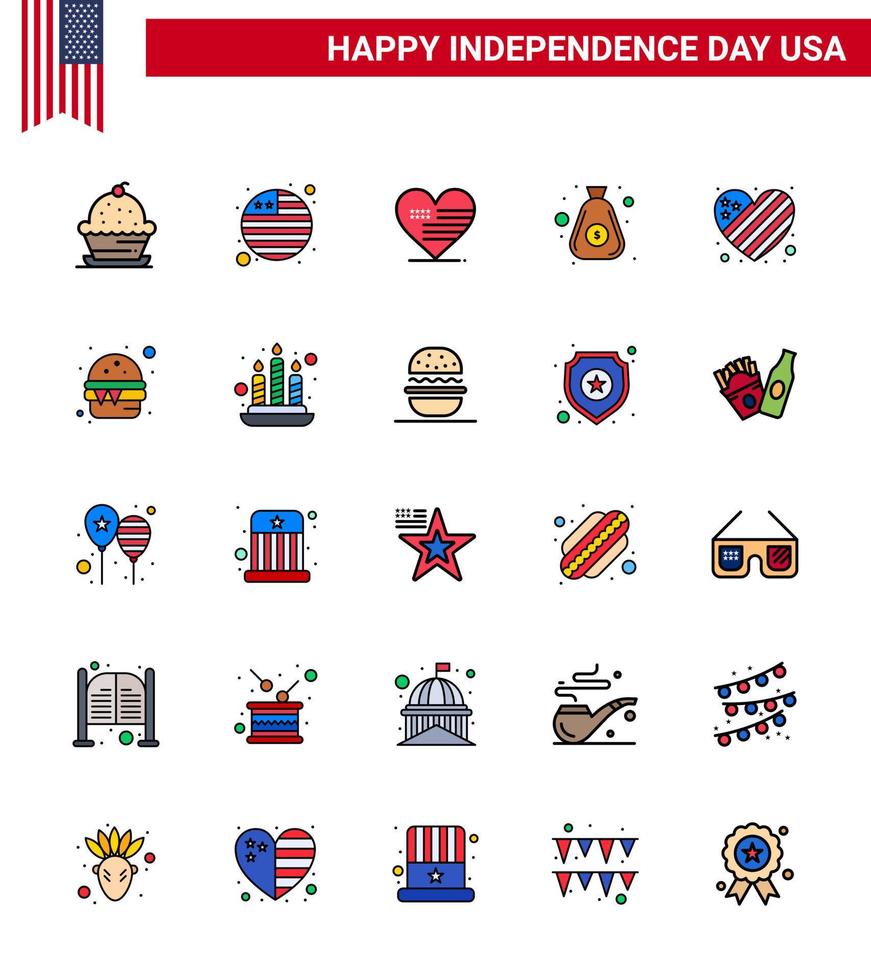 grupo de 25 líneas rellenas planas establecidas para el día de la independencia de los estados unidos de américa, como elementos de diseño vectorial del día de estados unidos editables en dólares de la bolsa del corazón en efectivo de la bandera vector