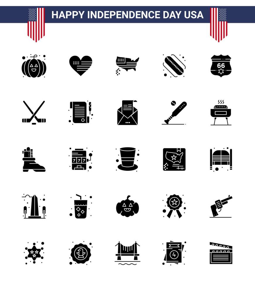 Set of 25 Modern Solid Glyph pack on USA Independence Day security shield map american hotdog Editable USA Day Vector Design Elements