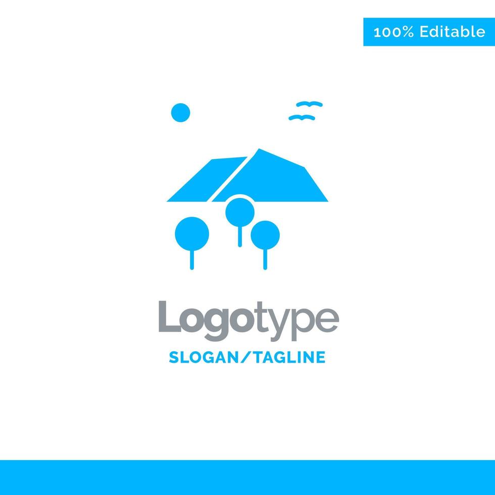 paisaje montaña árbol pájaros azul sólido logotipo plantilla lugar para eslogan vector