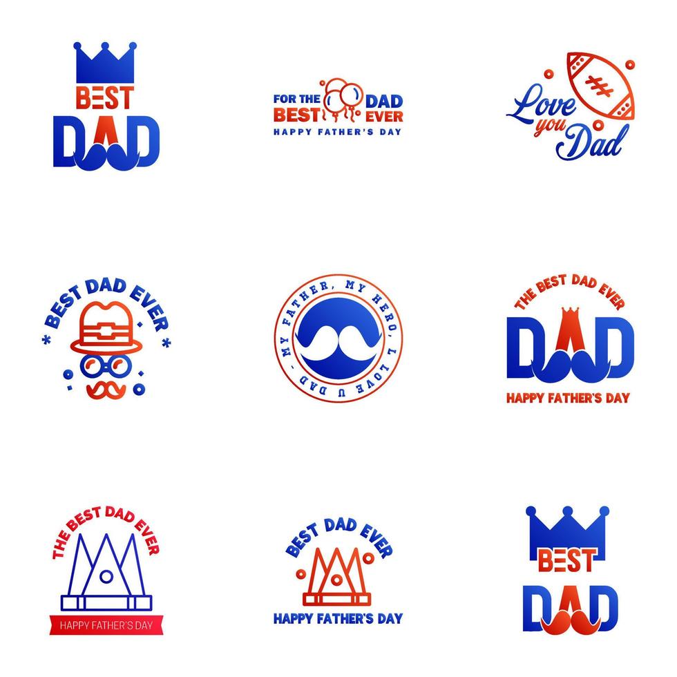 Happy fathers day 9 Blue and red typography set Vector emblems Lettering for greeting cards banners tshirt design You are the best dad Editable Vector Design Elements