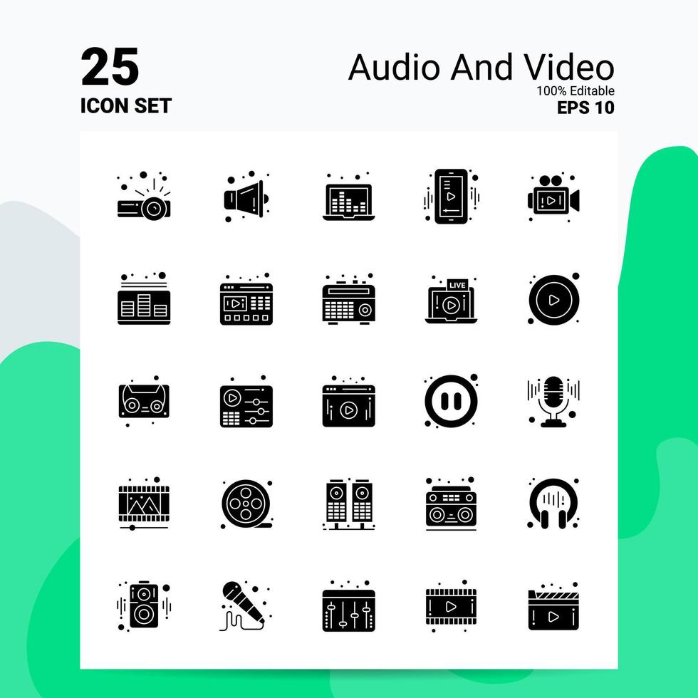 25 conjunto de iconos de audio y video 100 archivos editables eps 10 ideas de concepto de logotipo de empresa diseño de icono de glifo sólido vector