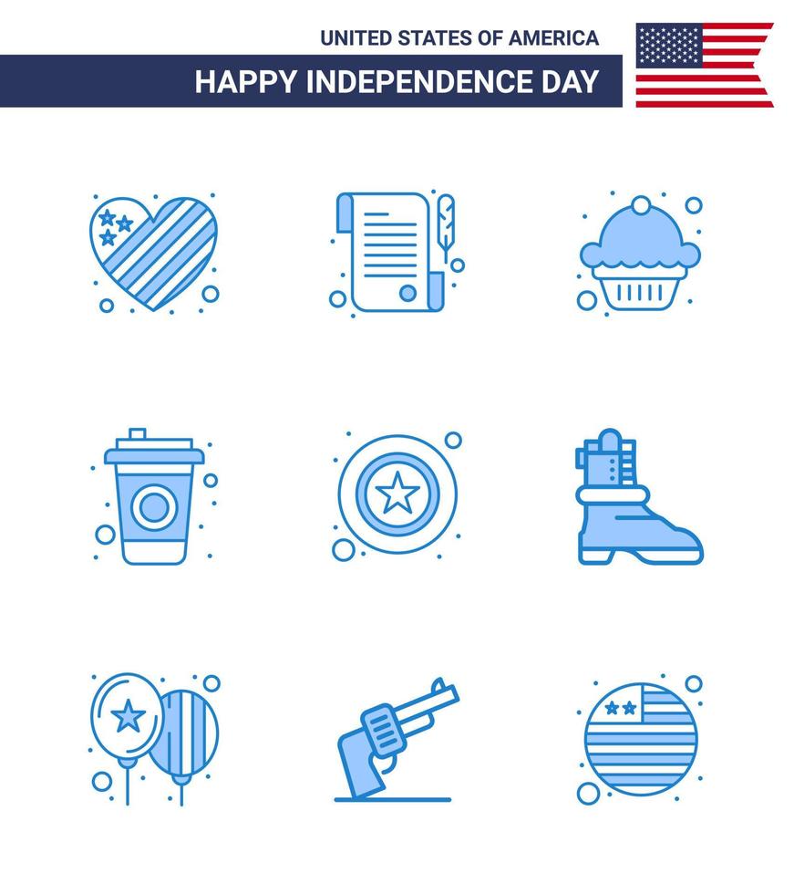 Happy Independence Day 4th July Set of 9 Blues American Pictograph of shose star dessert police drink Editable USA Day Vector Design Elements