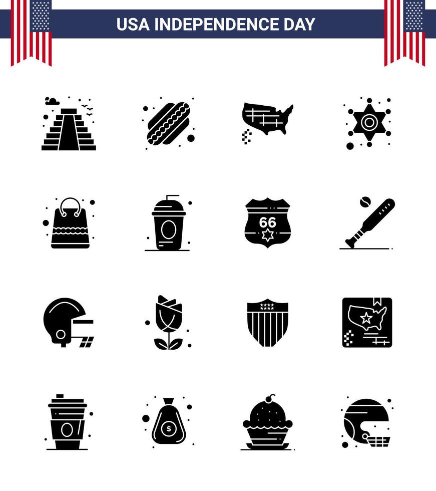 16 USA Solid Glyph Signs Independence Day Celebration Symbols of packages bag states police sign police Editable USA Day Vector Design Elements