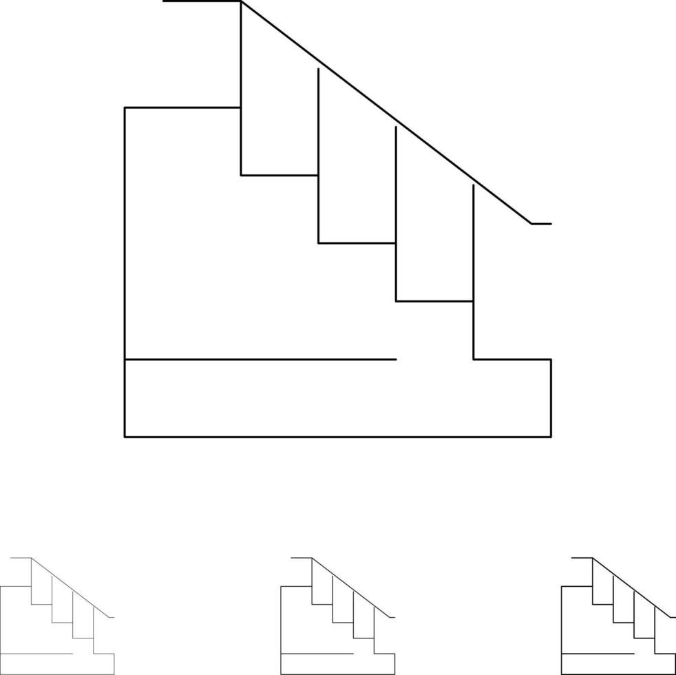 construcción abajo casa escalera audaz y delgada línea negra conjunto de iconos vector