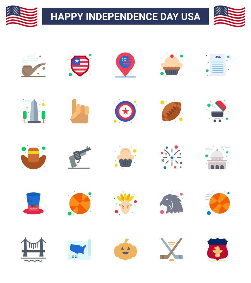 feliz día de la independencia paquete de iconos de 25 pisos para web e impresión monumento mapa democrático declaración de independencia muffin elementos de diseño vectorial del día de estados unidos editables vector