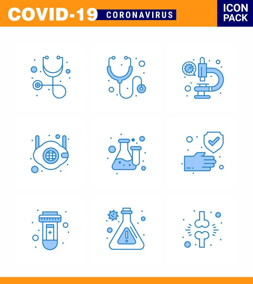 Coronavirus Prevention 25 icon Set Blue lab chemistry microscope n medical viral coronavirus 2019nov disease Vector Design Elements