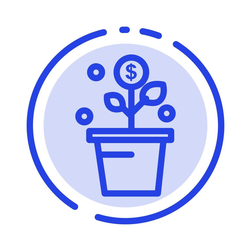 Growing Money Success Pot Plant Blue Dotted Line Line Icon vector