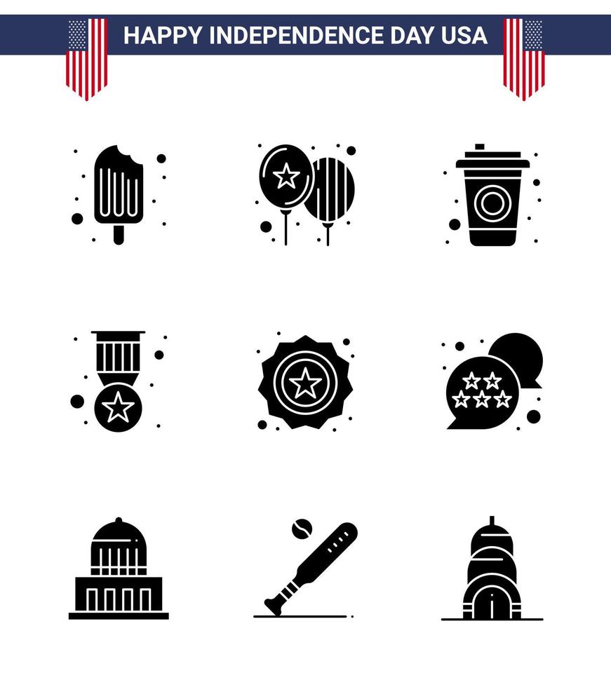 usa feliz día de la independencia pictograma conjunto de 9 glifos sólidos simples de insignia botella americana insignia militar elementos de diseño vectorial del día de estados unidos editables vector