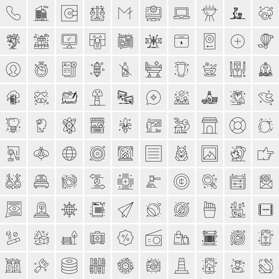 100 Universal Black Line Icons on White Background vector