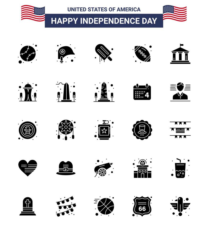 25 signos de glifo sólido para la bandera del día de la independencia de EE. UU. Bola americana Helado Bola deportiva Elementos de diseño vectorial editables del día de EE. UU. vector