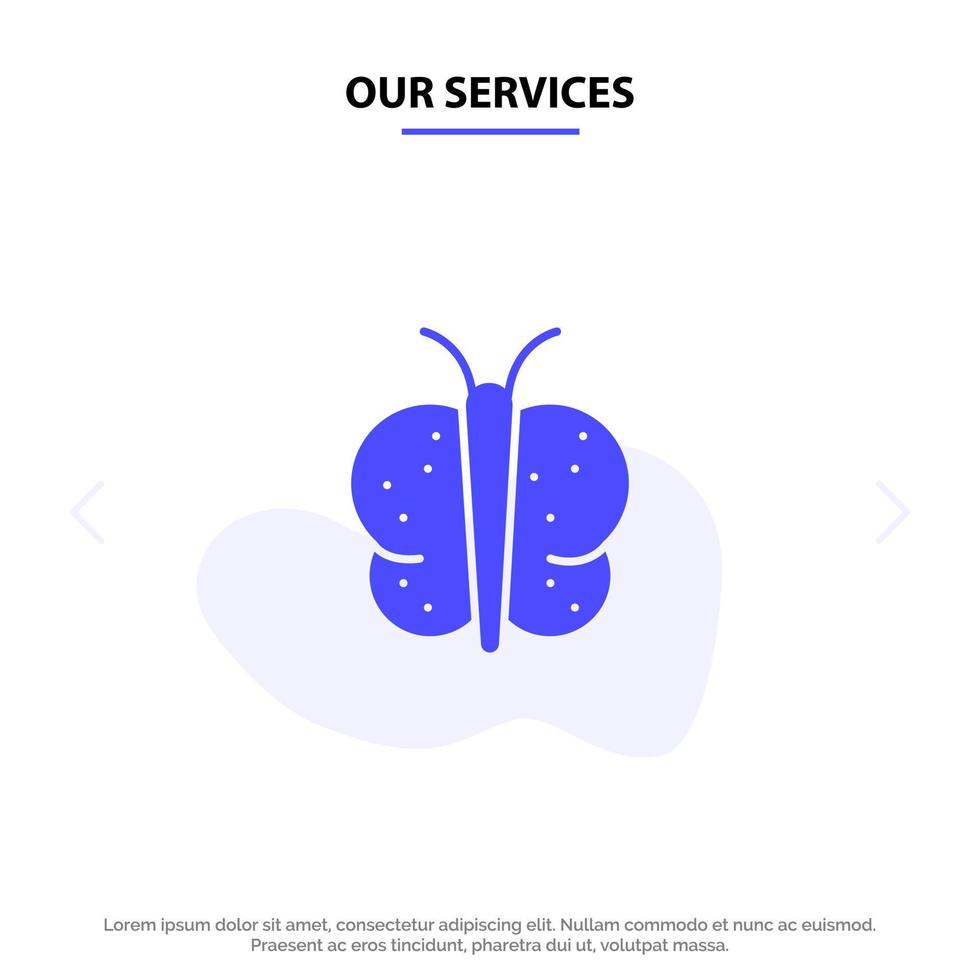 nuestros servicios animal mariposa pascua naturaleza icono de glifo sólido plantilla de tarjeta web vector