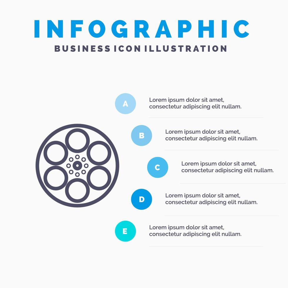 icono de línea de cinta de tanque de carrete de película con fondo de infografía de presentación de 5 pasos vector