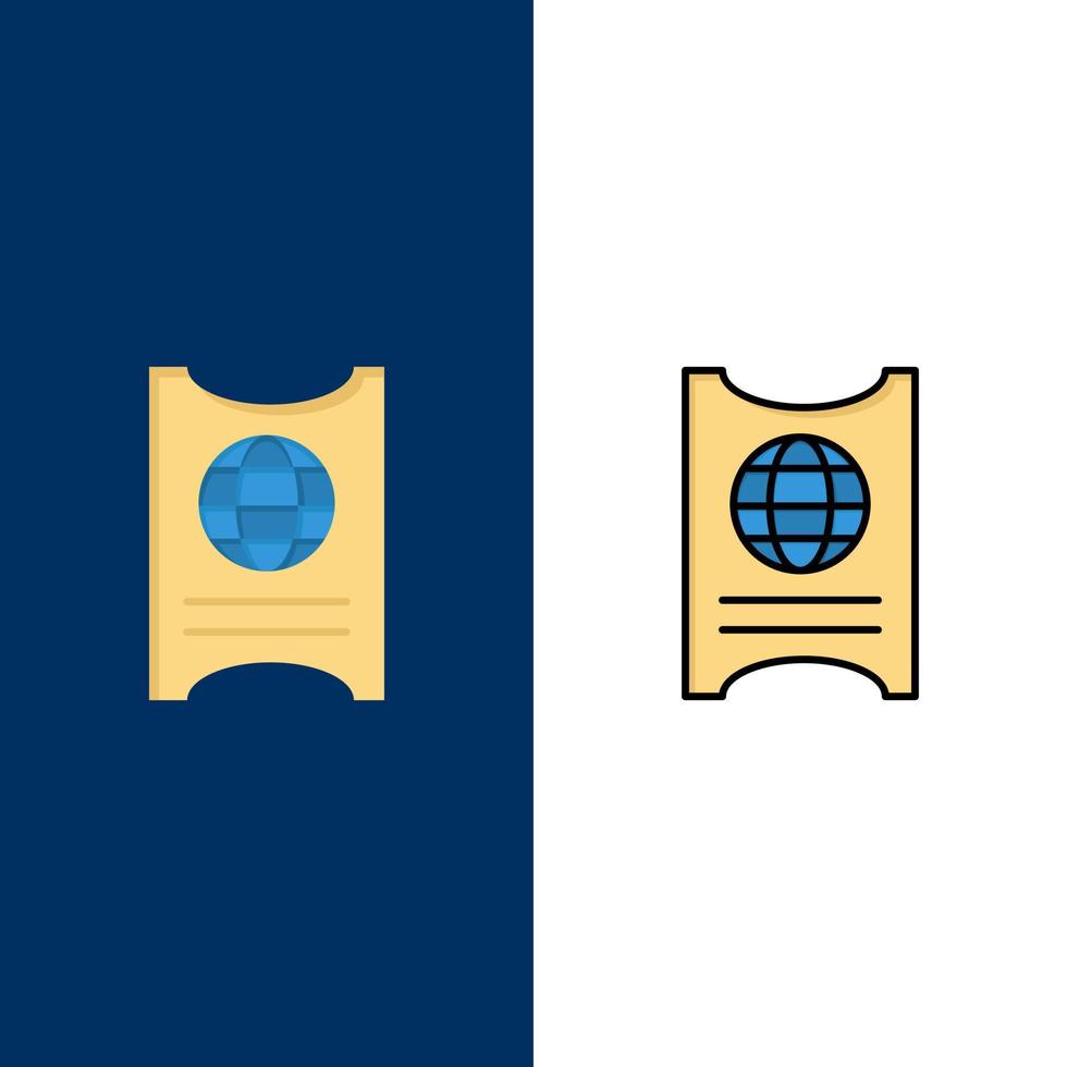 pase pasaporte boleto hotel iconos plano y línea llena conjunto de iconos vector fondo azul