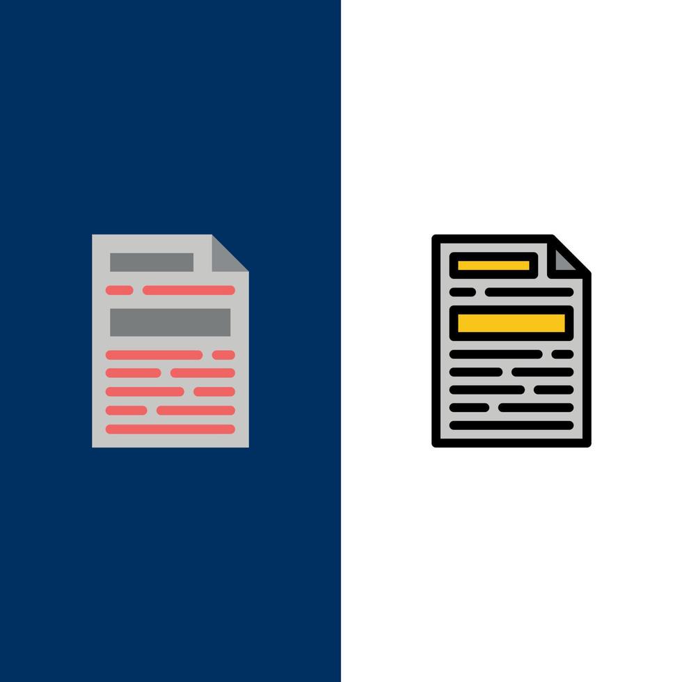 iconos de diseño de documentos de archivo plano y conjunto de iconos rellenos de línea vector fondo azul