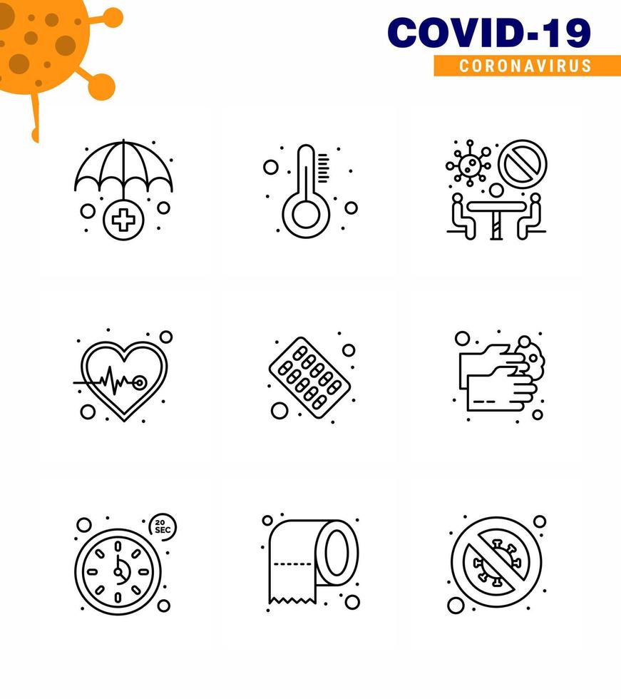 Coronavirus awareness icons 9 Line icon Corona Virus Flu Related such as pills capsule conference health care heart viral coronavirus 2019nov disease Vector Design Elements