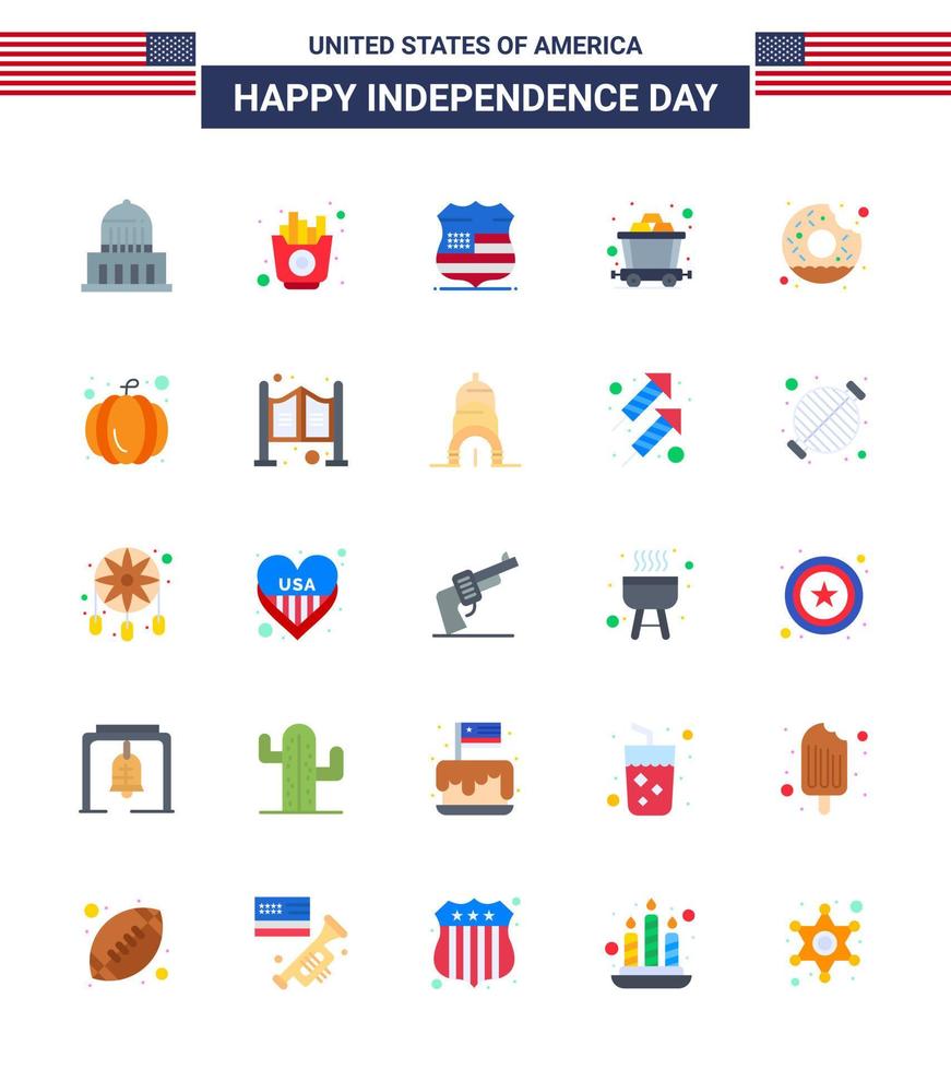 conjunto de 25 iconos del día de los ee.uu. símbolos americanos signos del día de la independencia para el carro de riel del escudo de donut delicioso elementos de diseño vectorial del día de los ee.uu. editables vector