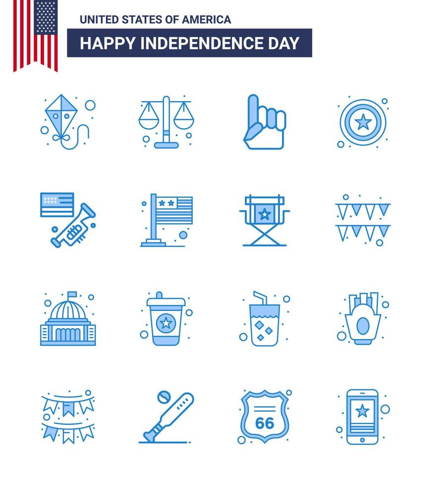 16 USA Blue Pack of Independence Day Signs and Symbols of american speaker hand flag star Editable USA Day Vector Design Elements
