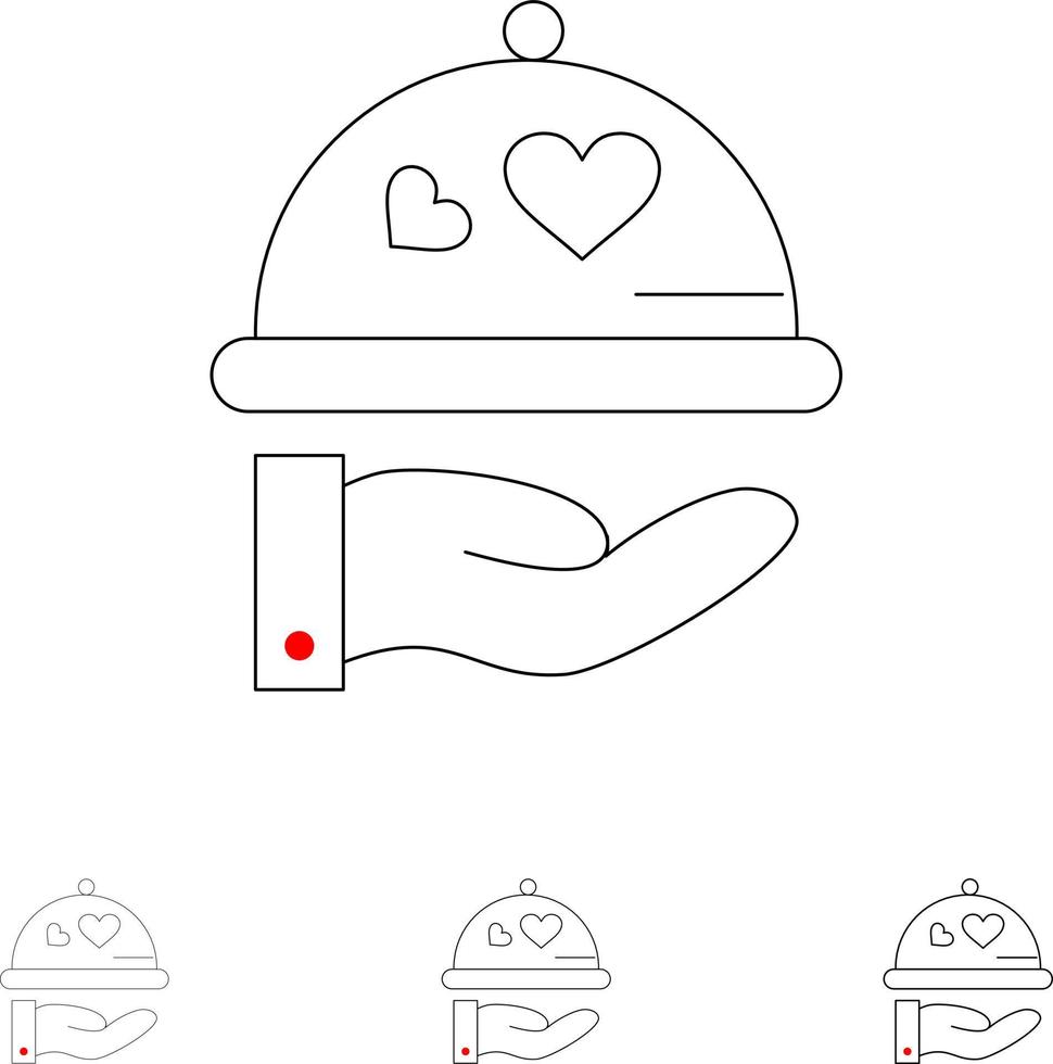 Dish Love Wedding Heart Bold and thin black line icon set vector