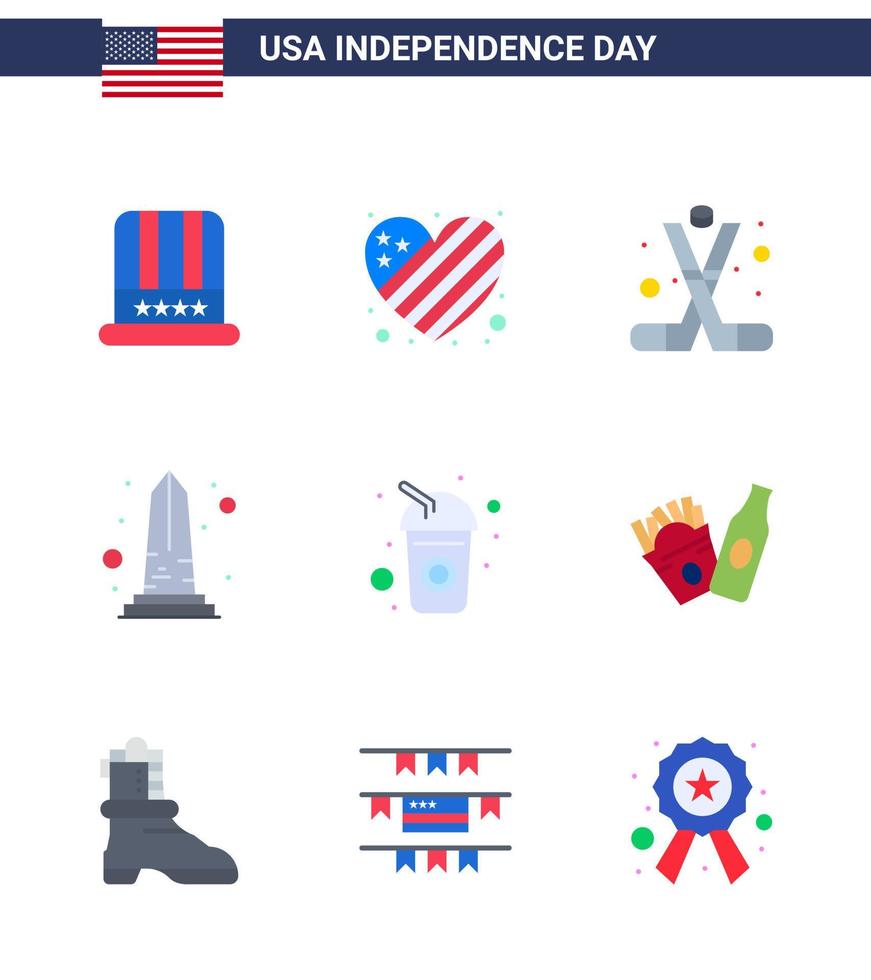 Happy Independence Day USA Pack of 9 Creative Flats of washington sight hockey monument america Editable USA Day Vector Design Elements