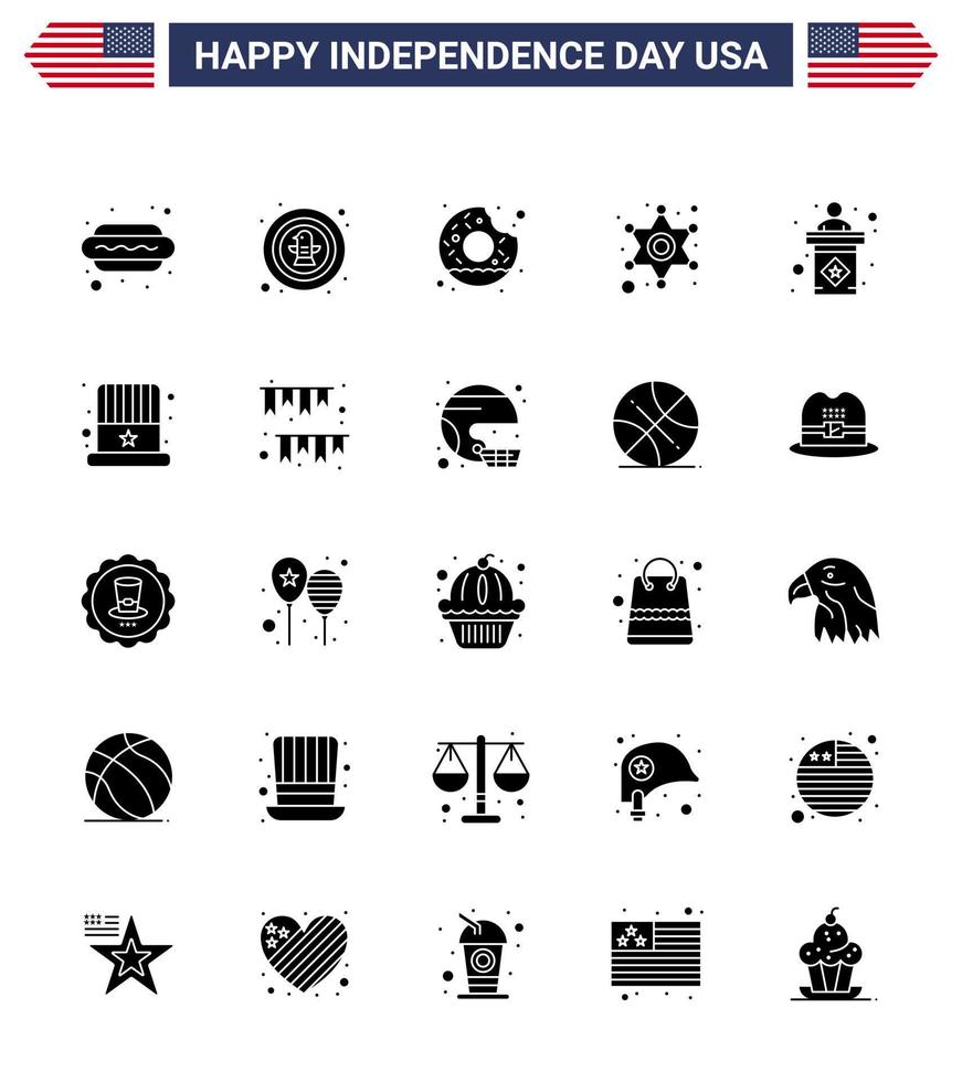 Happy Independence Day 25 Solid Glyph Icon Pack for Web and Print usa star badge police food Editable USA Day Vector Design Elements