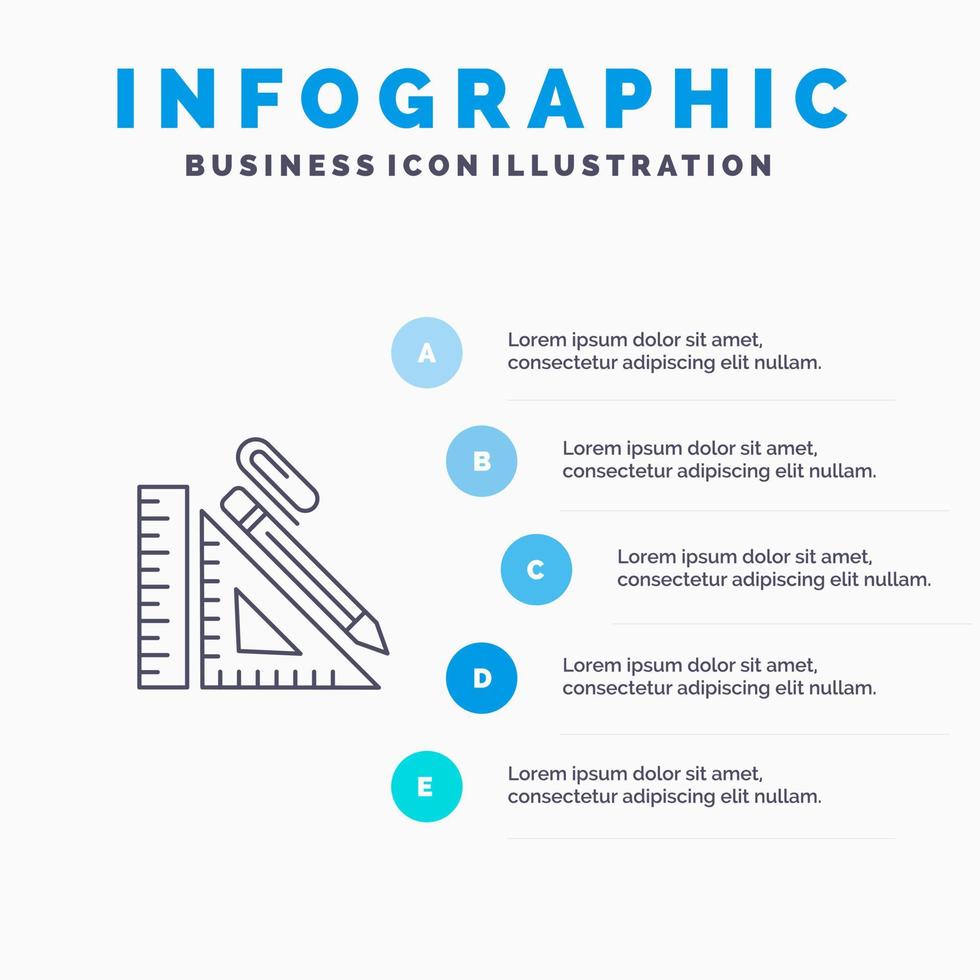 escala construcción lápiz reparación regla clip línea icono con 5 pasos presentación infografía fondo vector