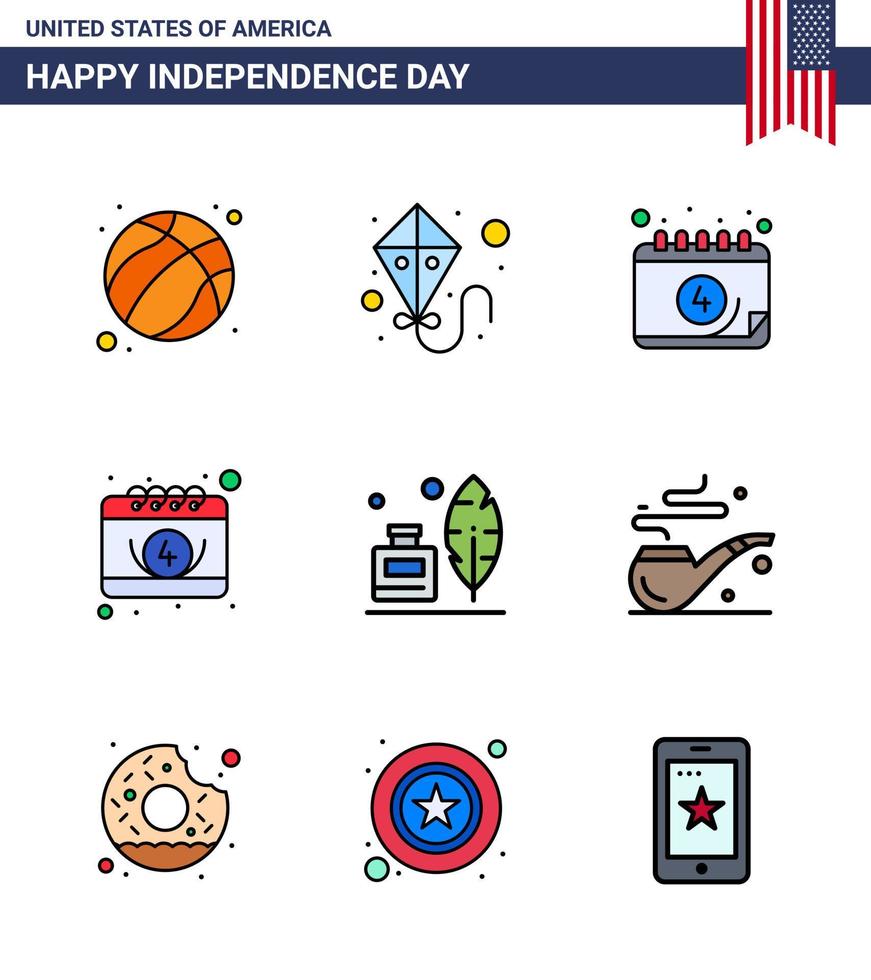 conjunto de 9 líneas planas vectoriales llenas el 4 de julio, día de la independencia de estados unidos, como el calendario de st pipe, pluma americana, elementos de diseño vectorial editables del día de estados unidos vector