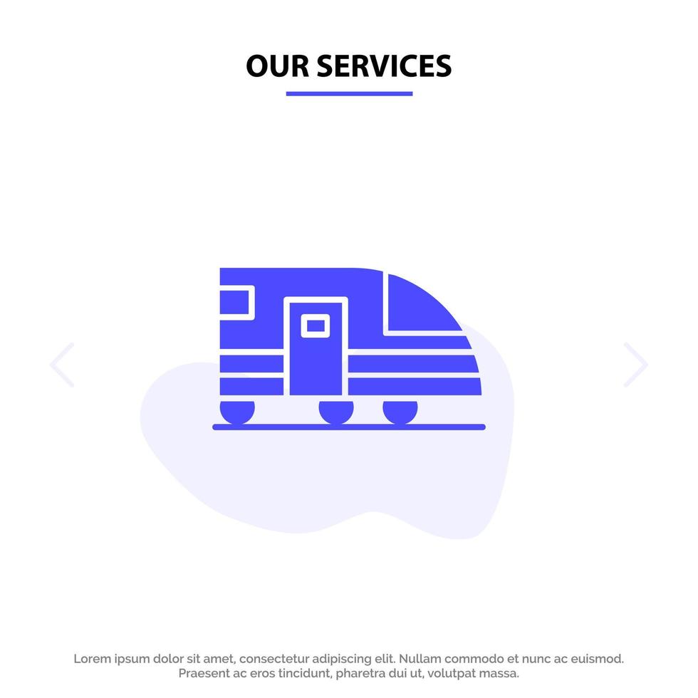 nuestra estación de servicios metro tren transporte icono de glifo sólido plantilla de tarjeta web vector