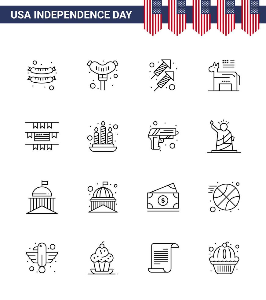 conjunto de 16 iconos del día de los ee.uu. símbolos americanos signos del día de la independencia para el fuego de las armas decoración de la fiesta de velas americanas elementos de diseño vectorial editables del día de los ee.uu. vector