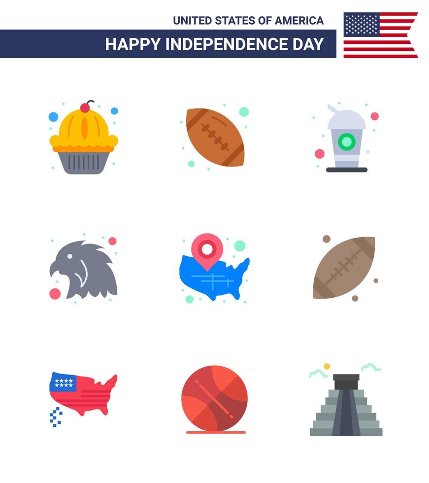 Set of 9 USA Day Icons American Symbols Independence Day Signs for usa map bottle eagle animal Editable USA Day Vector Design Elements