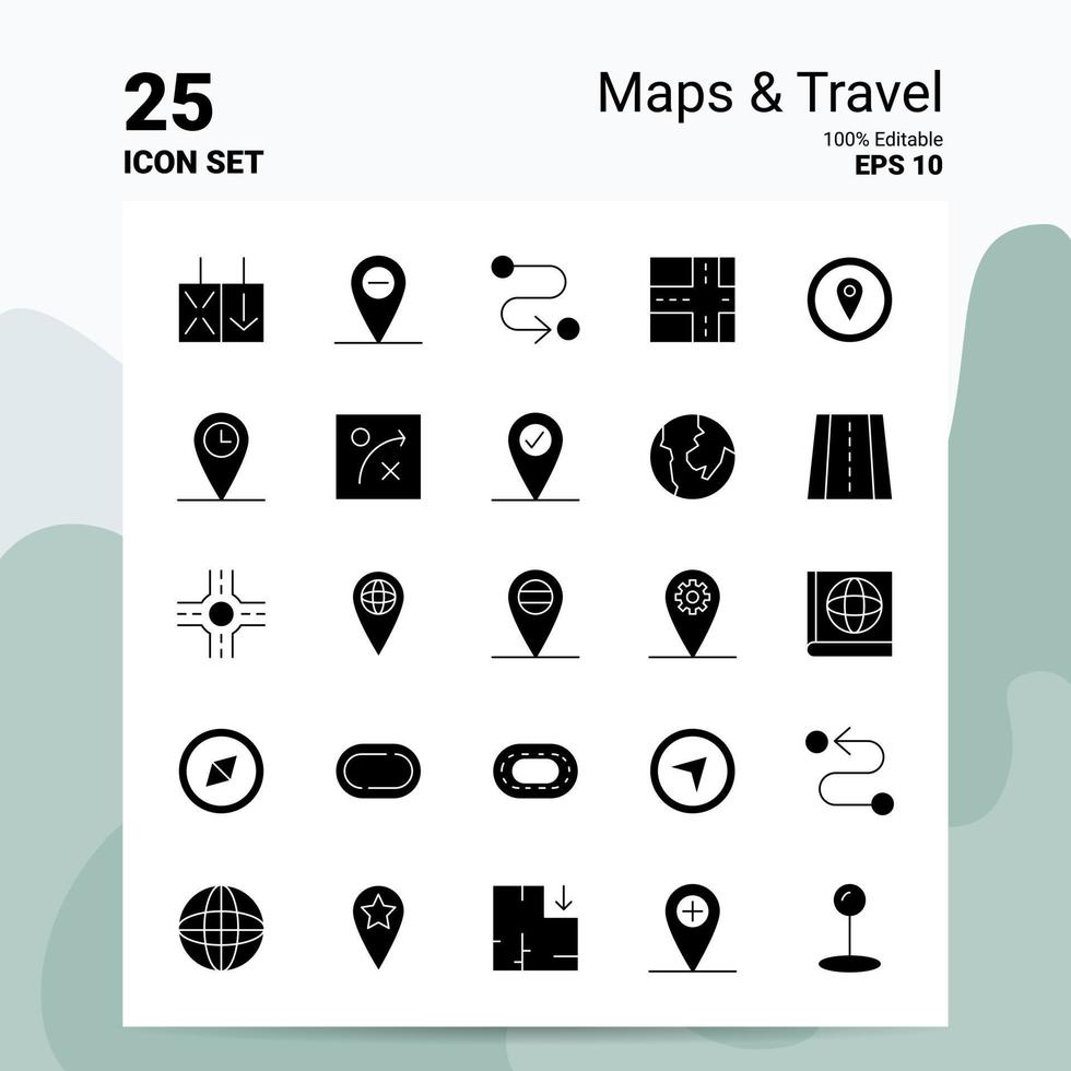 25 mapas conjunto de iconos de viaje 100 archivos editables eps 10 ideas de concepto de logotipo de empresa diseño de icono de glifo sólido vector