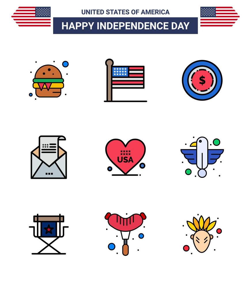 paquete de feliz día de la independencia de 9 líneas planas llenas de signos y símbolos para el sobre de invitación estadounidense de correo de amor elementos de diseño de vector de día de estados unidos editables