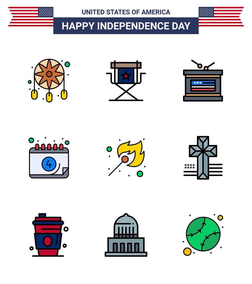 Modern Set of 9 Flat Filled Lines and symbols on USA Independence Day such as camping date television calendar independence day Editable USA Day Vector Design Elements