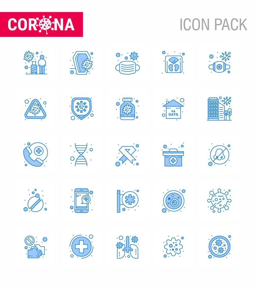 COVID19 corona virus contamination prevention Blue icon 25 pack such as machine scale infection management medical viral coronavirus 2019nov disease Vector Design Elements