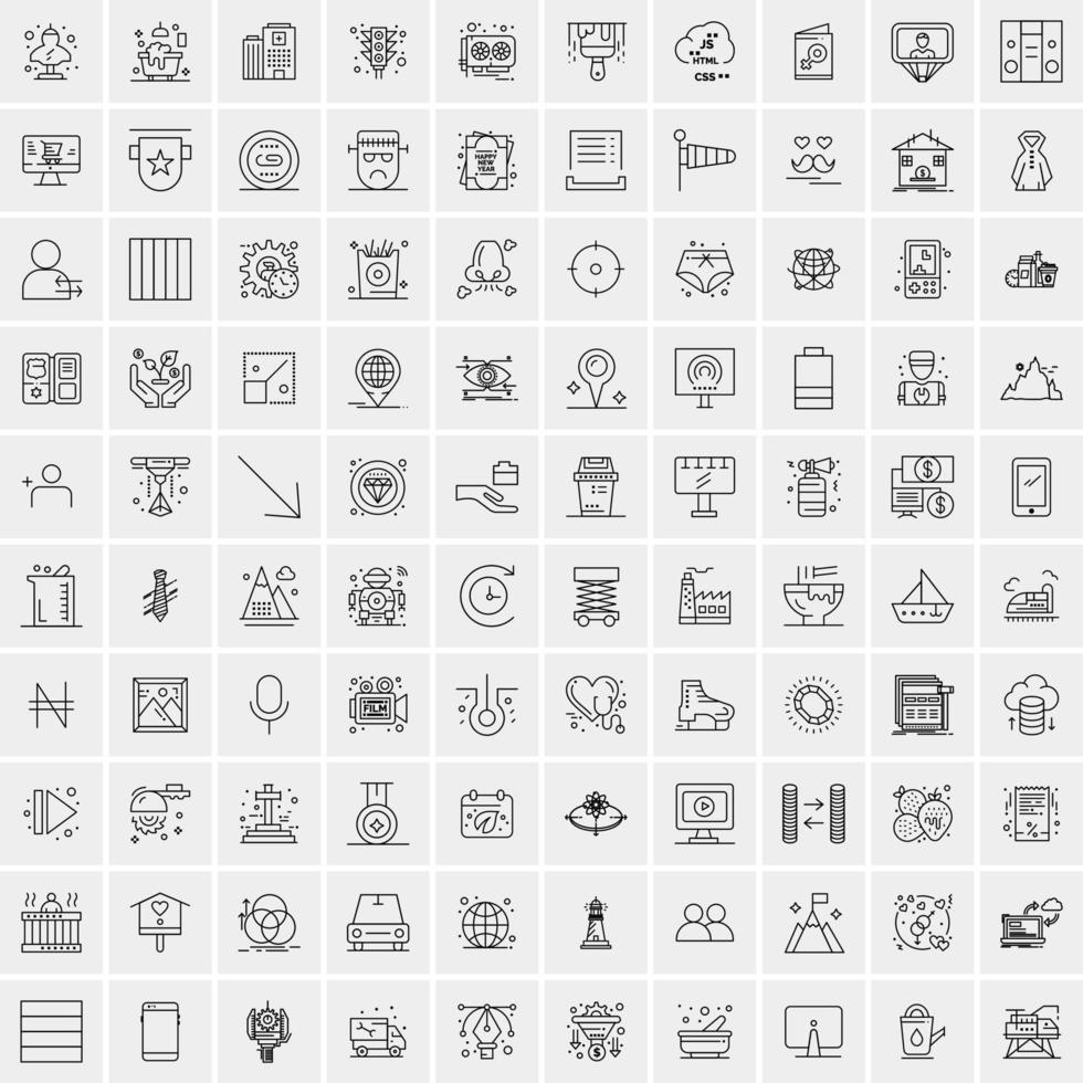 100 Universal Black Line Icons on White Background vector