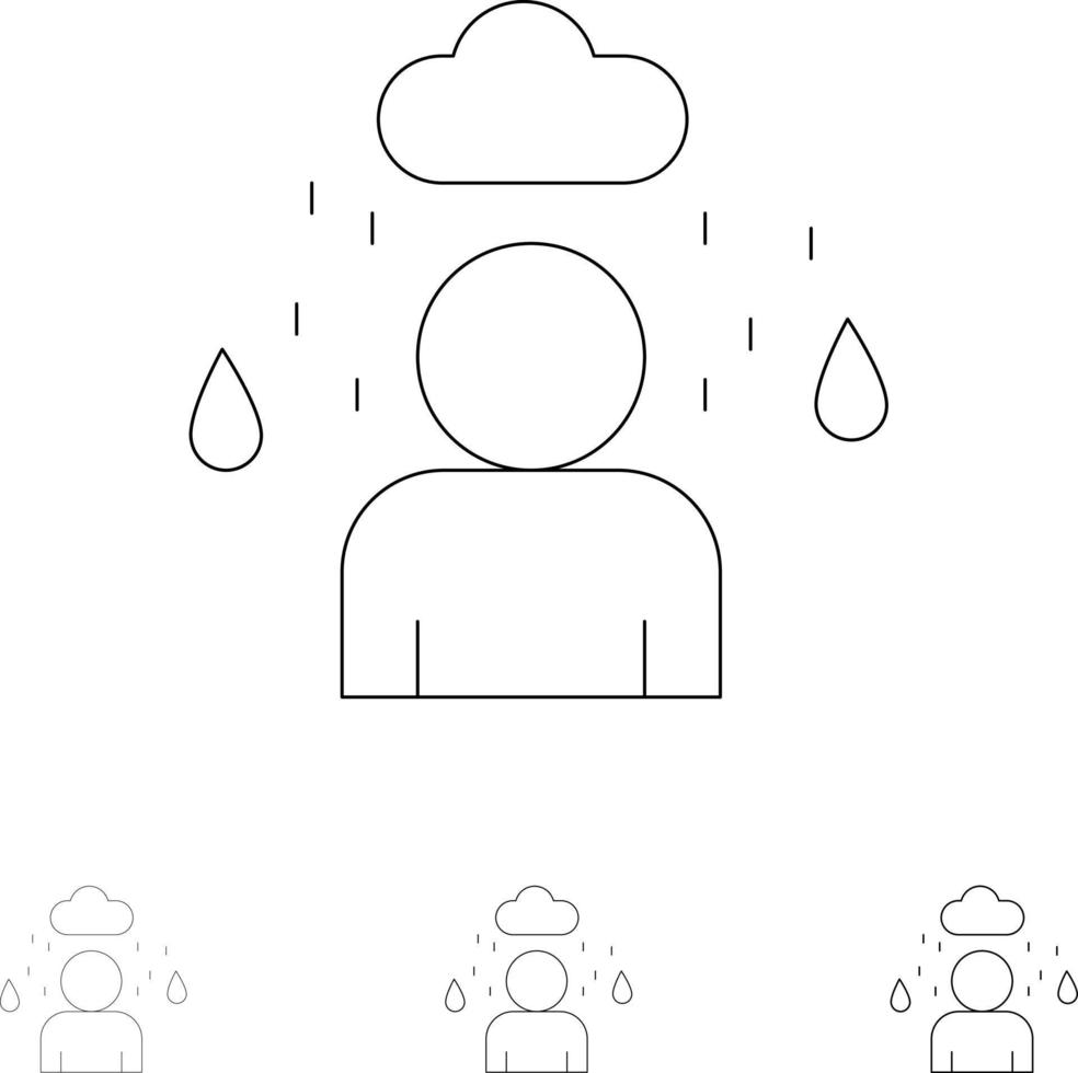 Man Cloud Rainy Bold and thin black line icon set vector