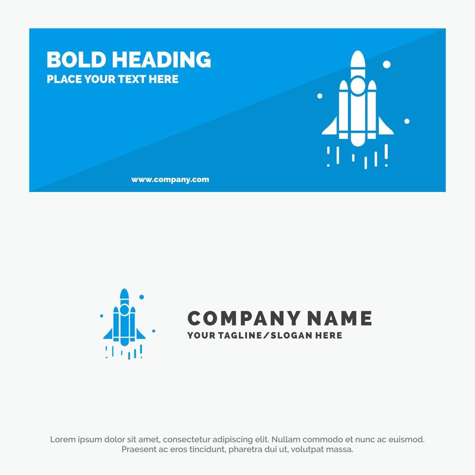 banner de sitio web de icono sólido de tecnología espacial de lanzamiento de cohetes y plantilla de logotipo de empresa vector