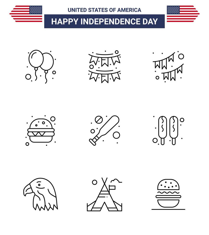 Set of 9 USA Day Icons American Symbols Independence Day Signs for food corn dog garland hardball baseball Editable USA Day Vector Design Elements