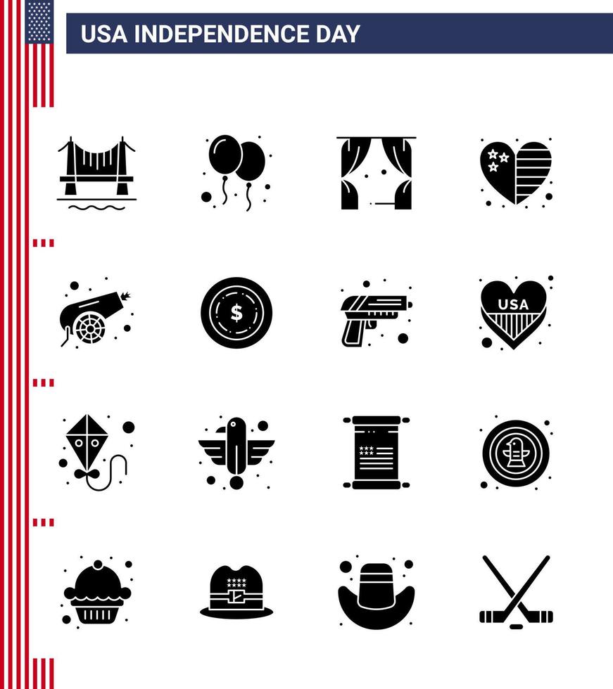 Modern Set of 16 Solid Glyphs and symbols on USA Independence Day such as canon usa entertainment flag heart Editable USA Day Vector Design Elements