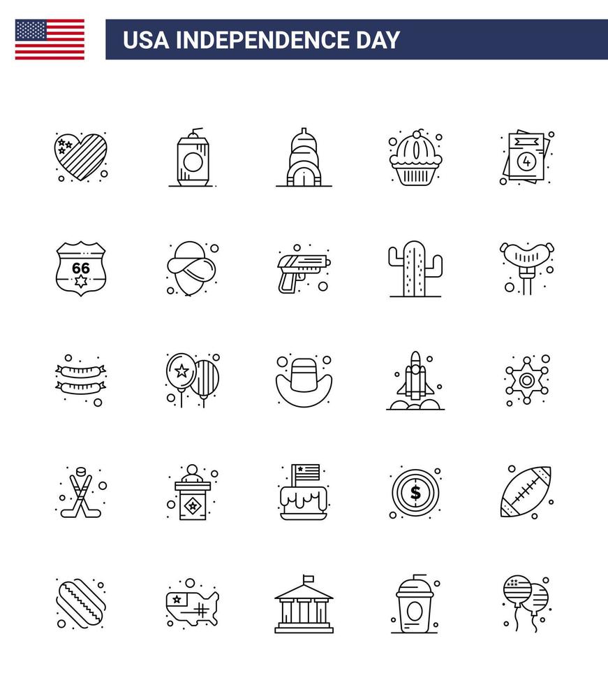 25 USA Line Signs Independence Day Celebration Symbols of usa invitation chrysler cake muffin Editable USA Day Vector Design Elements